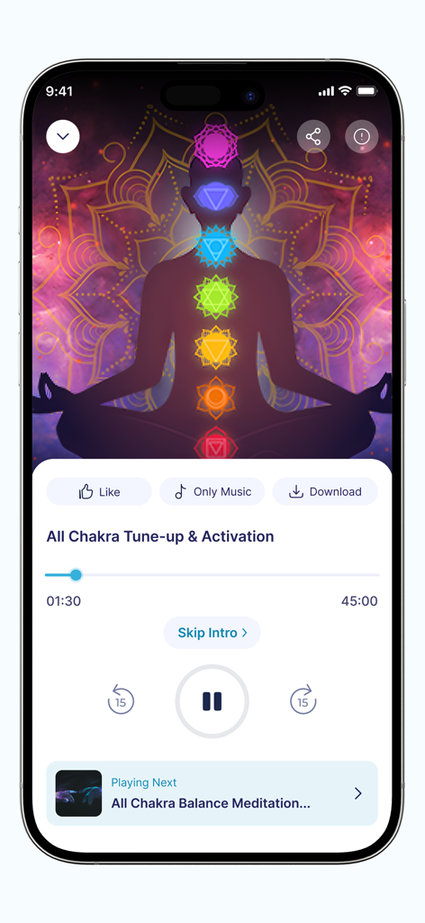 SOUL LAB - Audio player interface of the SOUL LAB app playing a chakra tune-up and activation meditation with a spiritual silhouette illustration.