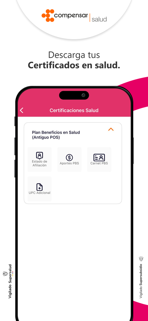 Compensar Salud - Écran de l'application Compensar Salud montrant les options de téléchargement de certificats de santé, y compris le statut d'affiliation et la carte PBS.