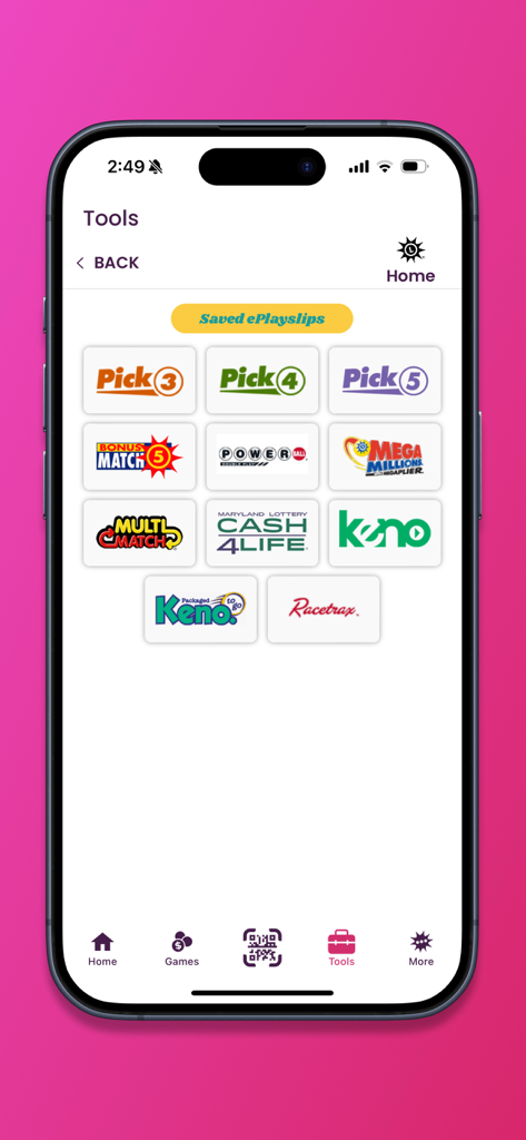 MD Lottery - MD Lottery mobile app screen showing the Tools section with saved ePlayslips for various games including Powerball and Mega Millions.