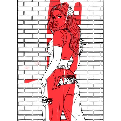 realistic woman wearing a 2 piece los angeles lakers outfit short top with baggy pants with long hair standing against a brick wall modeling her outfit thin and black lines to color