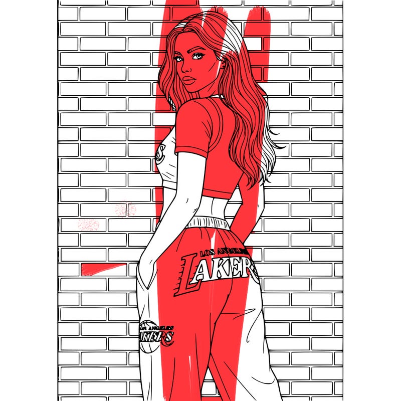 realistic woman wearing a 2 piece los angeles lakers outfit short top with baggy pants with long hair standing against a brick wall modeling her outfit thin and black lines to color