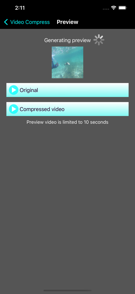 Video Compress - Shrink Vids - Interface affichant les options permettant de prévisualiser la qualité vidéo originale et compressée