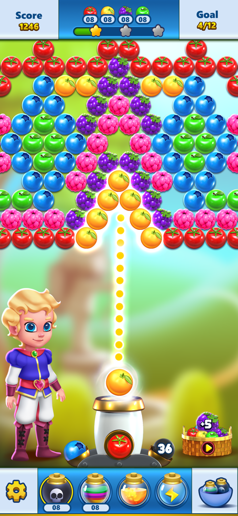 A gameplay screenshot of Bubble Shooter Princess Pop showing a fruit bubble matching level with a prince character and power ups.