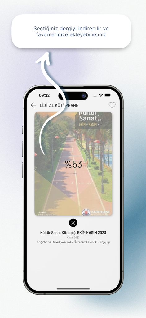 Dijital Kütüphane - A mobile interface from the Dijital Kütüphane app showing the download progress of a culture and art magazine with a prompt to add it to favorites.