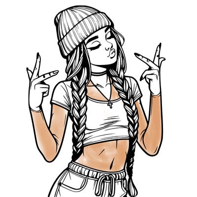 realistic teenage girl with braids and a beanie and crop top doing 🫶🏼