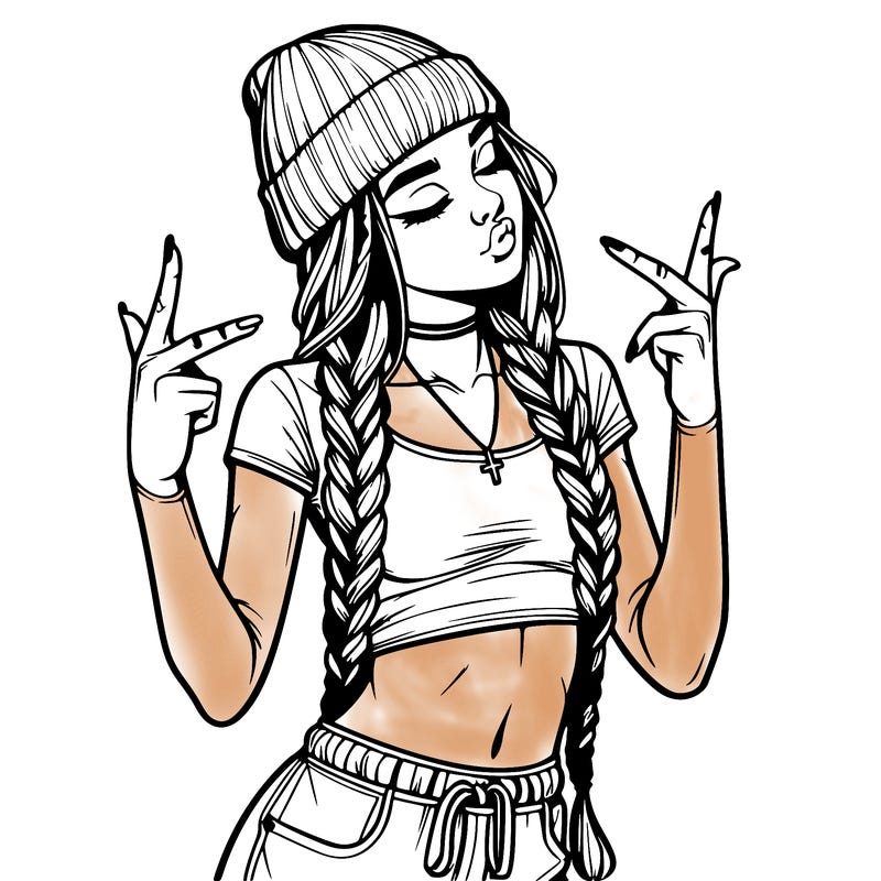 realistic teenage girl with braids and a beanie and crop top doing 🫶🏼