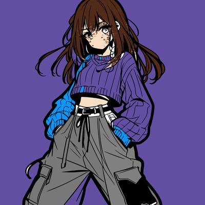anime teen girl with baggy pants and crop top with sweater
