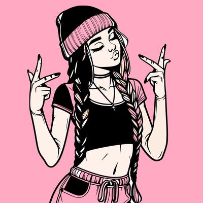 realistic teenage girl with braids and a beanie and crop top doing 🫶🏼