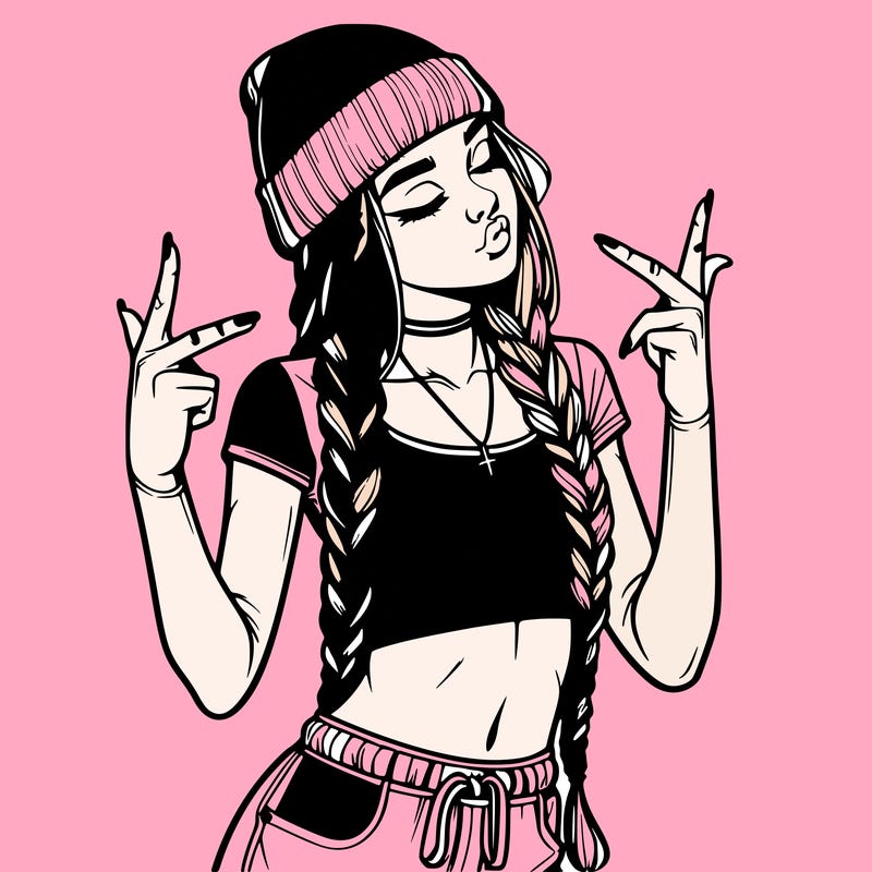 realistic teenage girl with braids and a beanie and crop top doing 🫶🏼