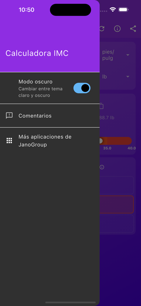 Calculadora IMC+ - Menú lateral de la app Calculadora IMC que muestra el interruptor de modo oscuro y las opciones de comentarios en español.