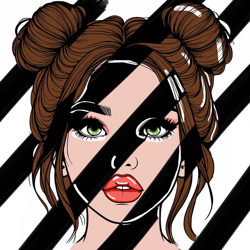 realistic girl with two buns on her hair and lips