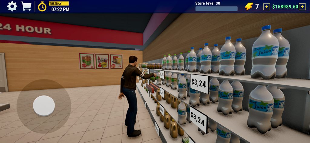 City Gas Station Simulator 3D - A character stocking shelves with juice bottles inside a convenience store in City Gas Station Simulator 3D