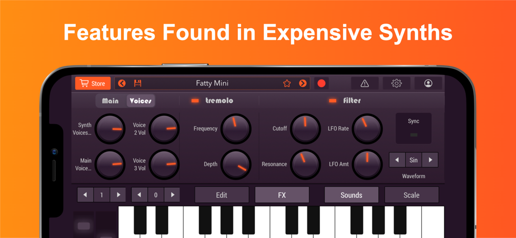 Synth Pro: Analog Synthesizer - Synth Pro app interface showing professional analog synthesizer editing features and piano keyboard