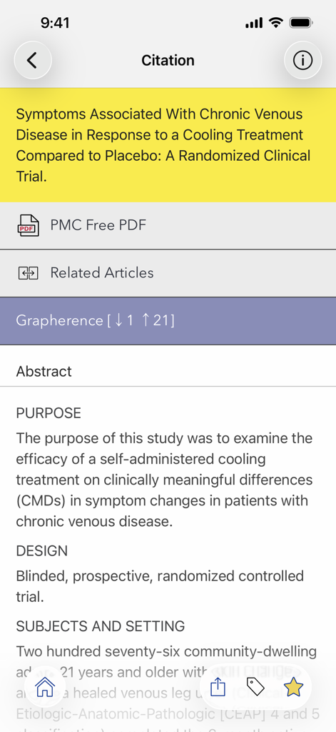 A medical journal citation and abstract screen in the APSA Pediatric Surgery Library app showing research study details.