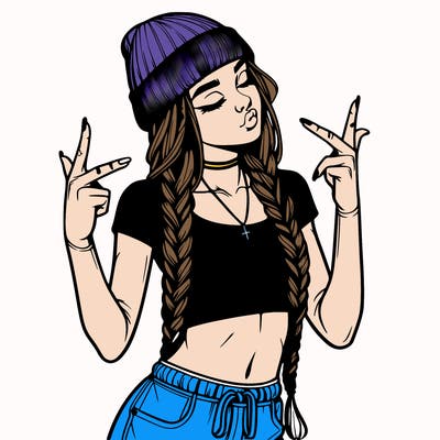 realistic teenage girl with braids and a beanie and crop top doing 🫶🏼