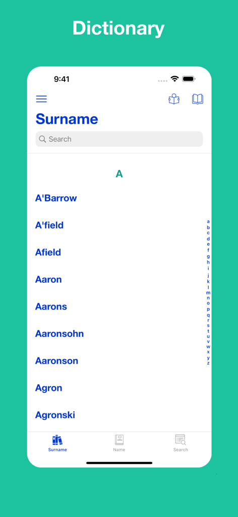Una interfaz de aplicación móvil que muestra una lista de apellidos que comienzan con A dentro de una aplicación de diccionario.