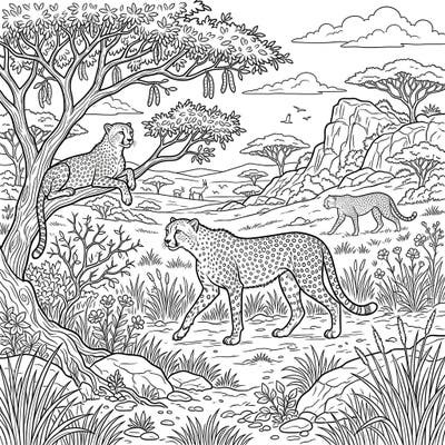 Capture the speed and grace of cheetahs with this captivating coloring page featuring a vibrant savanna scene. Explore a full landscape filled with majestic big cats and intricate African wildlife elements.