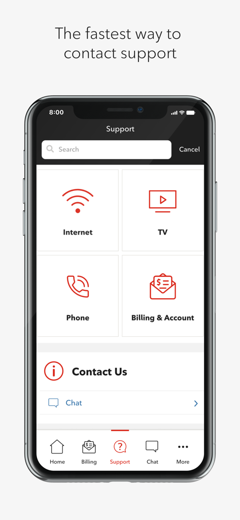 La schermata di supporto dell'app MyRogers Shaw che mostra le categorie di aiuto per Internet, TV e fatturazione con un'opzione di chat live