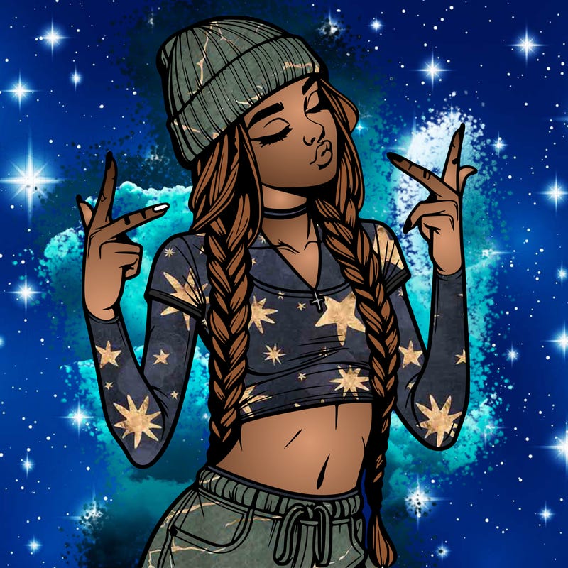 realistic teenage girl with braids and a beanie and crop top doing 🫶🏼