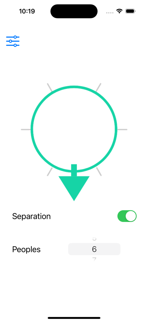 Roulette arrow - Interfaz minimalista de la aplicación Ruleta de flecha con una flecha giratoria verde y un selector de personas