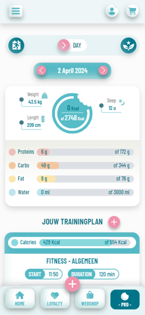 Foodmaker - Dashboard showing nutrition macros and fitness training plan in the Foodmaker app