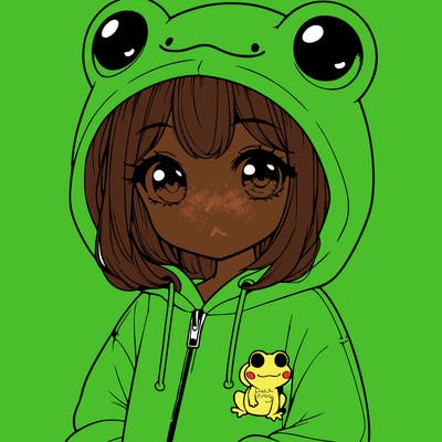 cute realistic girl in a froggy hoodie