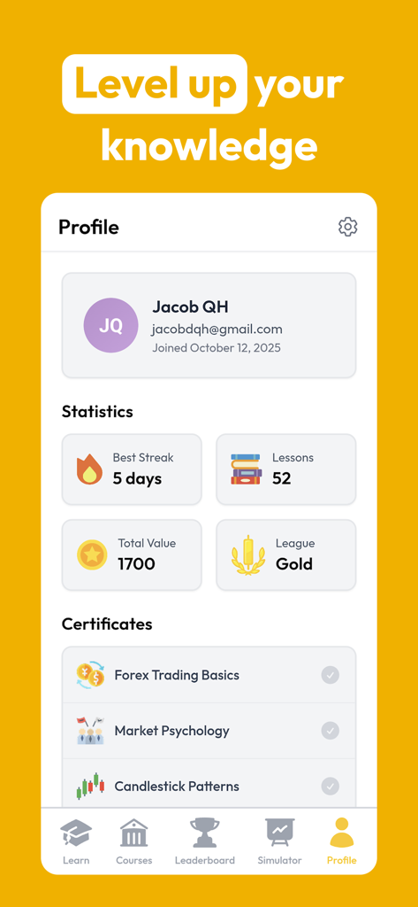 MunYun - Learn to Trade - MunYun app user profile screen displaying trading statistics and earned course certificates
