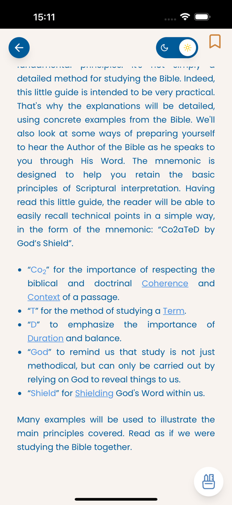 Yada Project - Uma captura de tela do aplicativo Projeto Yada mostrando um guia pedagógico com um mnemônico para interpretação rigorosa do estudo bíblico.