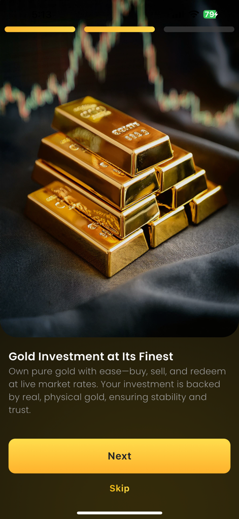 24k X Gold - Pantalla de incorporación de la aplicación 24k X Gold con una pila de lingotes de oro físicos