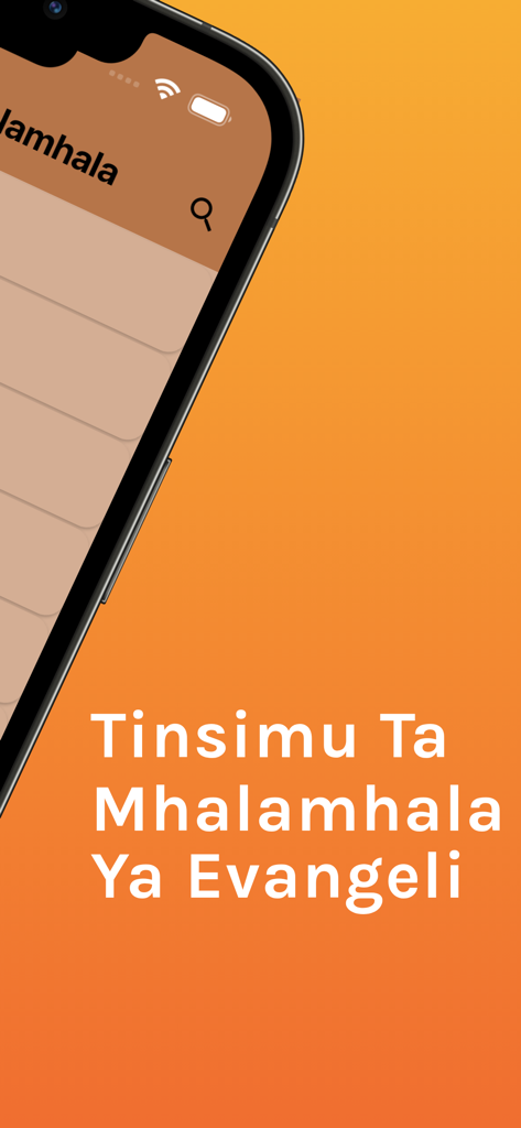 Smartphone exibindo a interface do aplicativo de hinos Tinsimu Ta Mhalamhala Ya Evangeli em um fundo laranja.