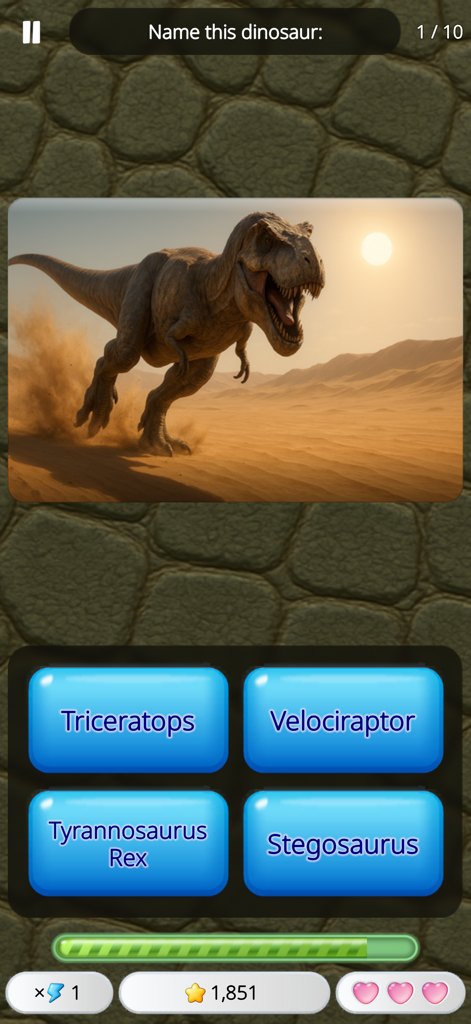 Guess the Animal: Quiz Game - Captura de pantalla de la aplicación móvil de un cuestionario de identificación de dinosaurios con un Tyrannosaurus Rex