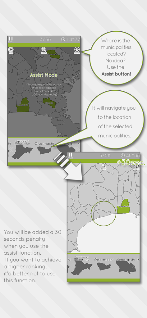 Kanagawa Map Puzzle - Screenshot of Kanagawa Map Puzzle app showing the assist mode and 30 second time penalty feature