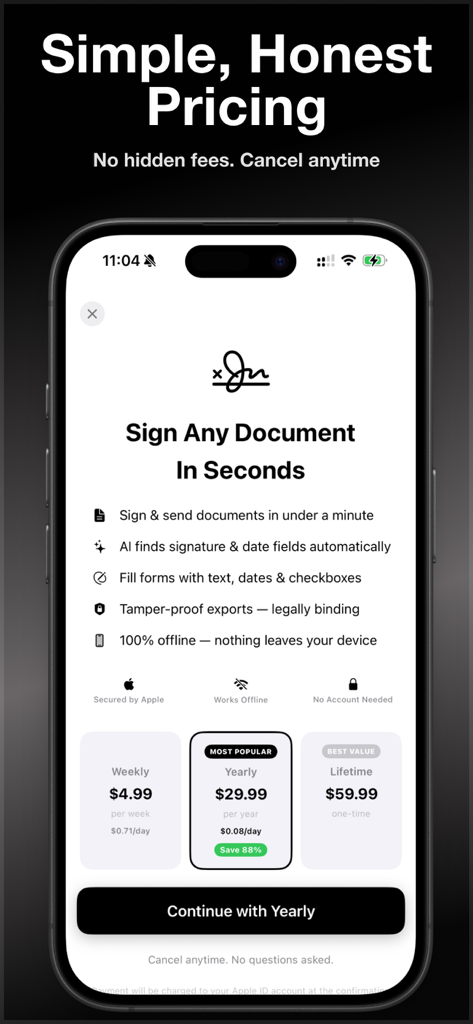 eSign PDF - Signature Maker - Tela de preços do aplicativo eSign PDF mostrando planos de assinatura semanal, anual e vitalícia