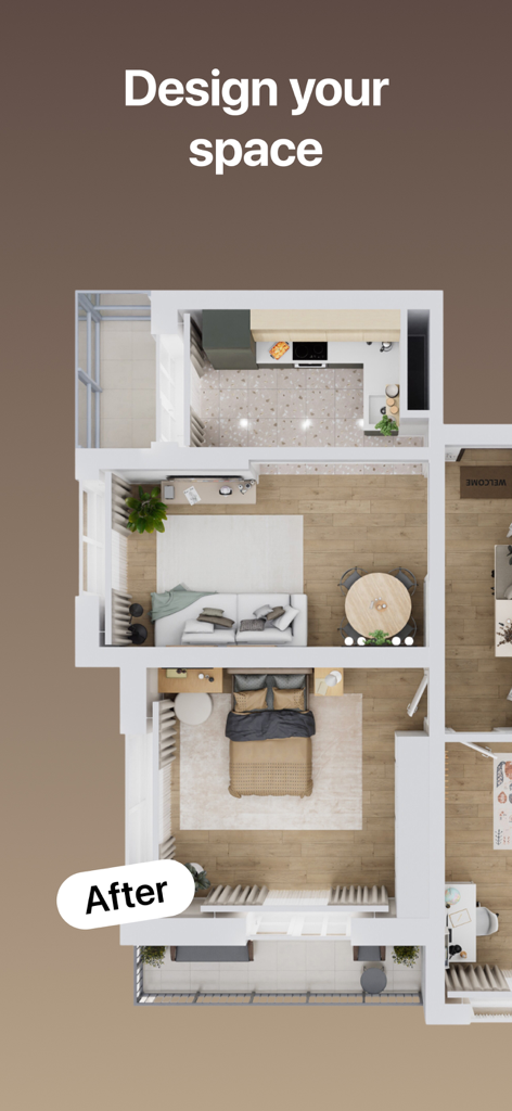 A top down 3D view of a furnished apartment layout created with Home Planner AI