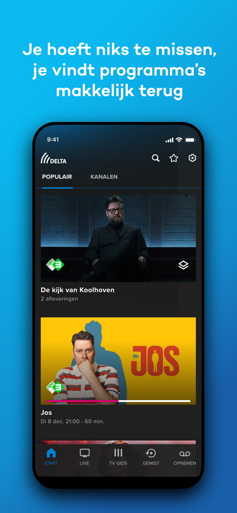Tela de smartphone exibindo a interface do aplicativo DELTA TV Interativa com miniaturas de programas populares e menu de navegação