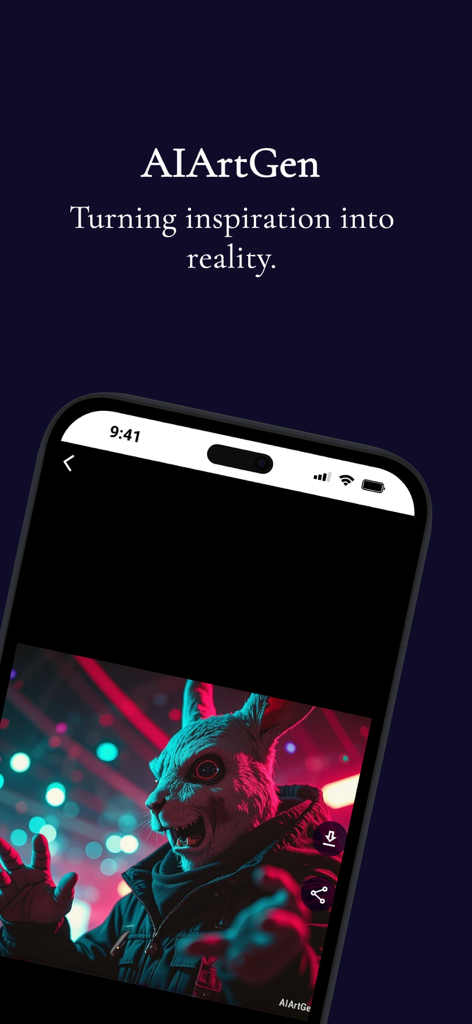 AIArtGen: AI Image/Video Maker - Una pantalla de teléfono móvil que muestra la aplicación AIArtGen con una imagen de alta calidad generada por IA de un personaje de conejo en un entorno de neón.