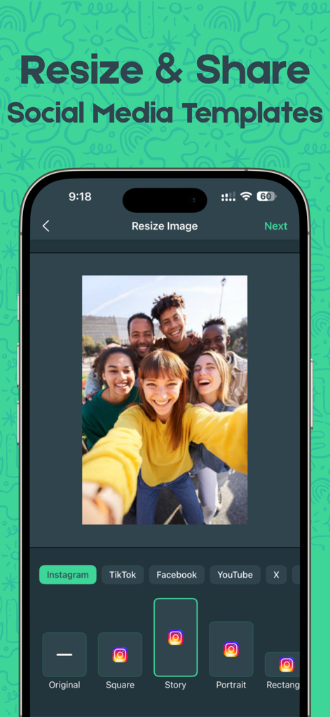 A mobile app interface showing options to resize a group photo into social media templates like Instagram Story and Square.