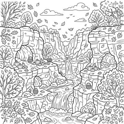 Immerse yourself in the breathtaking beauty of autumn with this stunning limestone canyon coloring page. Discover intricate details of flowing waterfalls, rustic harvest decorations, and crisp fall foliage awaiting your creative touch.