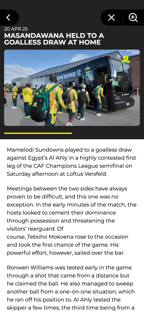 Mamelodi Sundowns Official App - News feed from the Mamelodi Sundowns Official App showing a match report