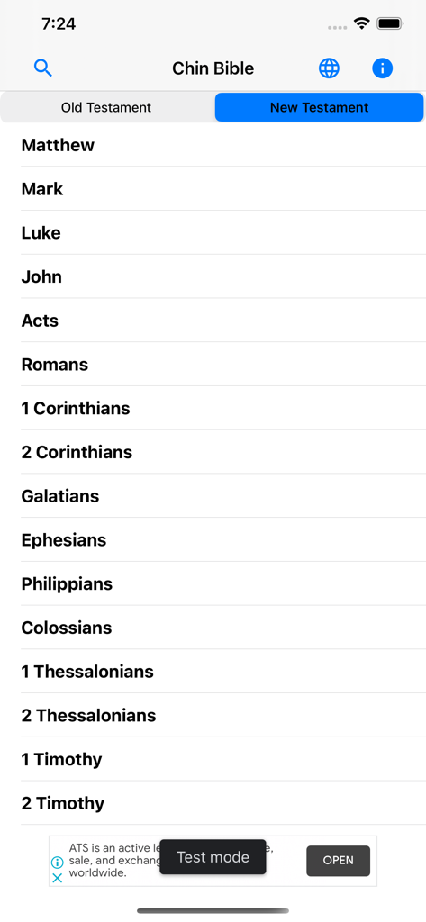 Screenshot of the Chin Bible app showing a list of New Testament books including Matthew and Mark