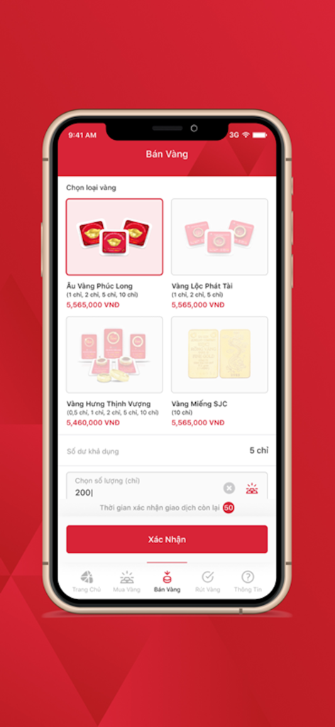 eGold mobile app screen showing options for selling physical gold products online with real-time pricing