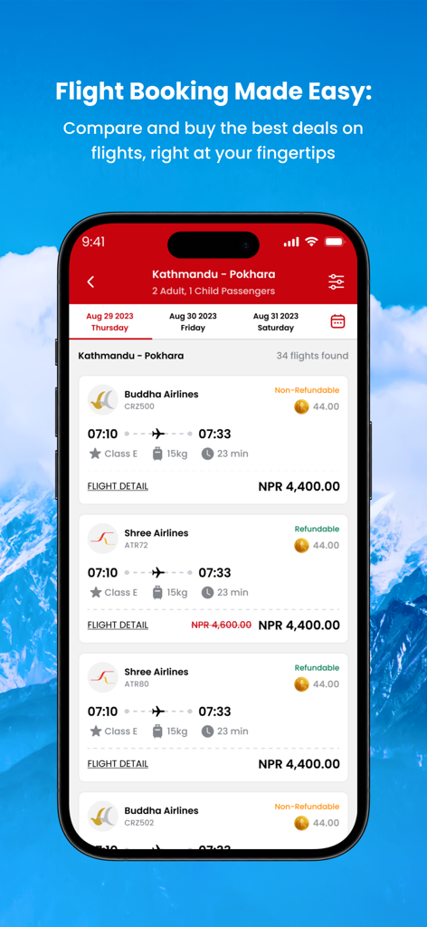 Trip Turbo - Interfaz de reserva de vuelos de la aplicación móvil Trip Turbo para Nepal, mostrando opciones de vuelo de Katmandú a Pokhara con precios y detalles de la aerolínea