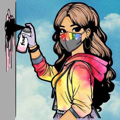 realistic girl with mask spray painting a wall