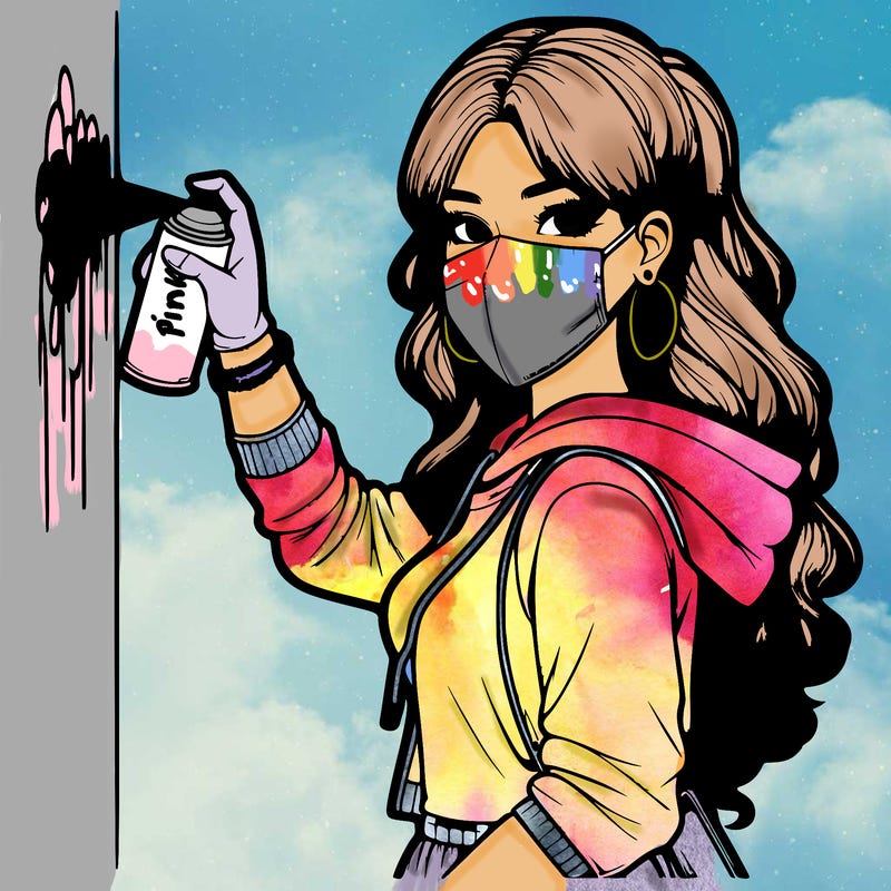 realistic girl with mask spray painting a wall