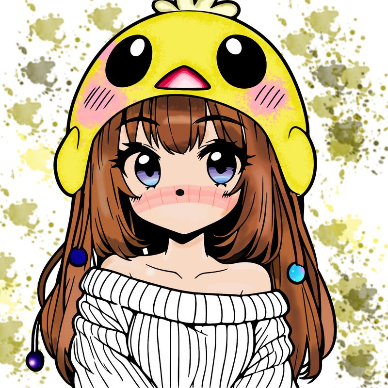 anime girl with chick shaped hat with sweater with bare shoulders with bangs covering them one eye with low tail