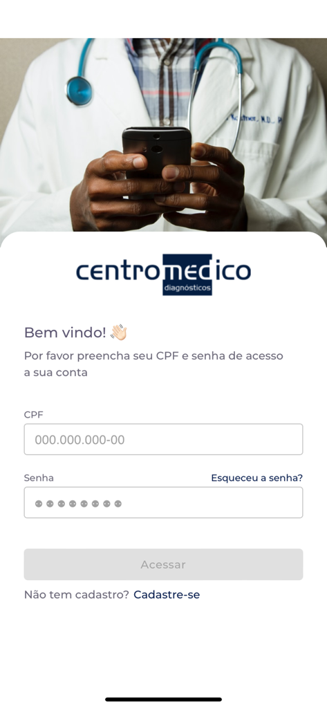 Centro Médico Sorocaba - Tela de login para o aplicativo Centro Médico Sorocaba com imagem de médico e campos para credenciais do usuário