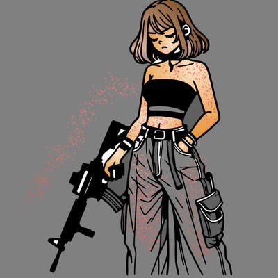 a dangerous girlcrop top and baggy jeans with a rifle in her hand