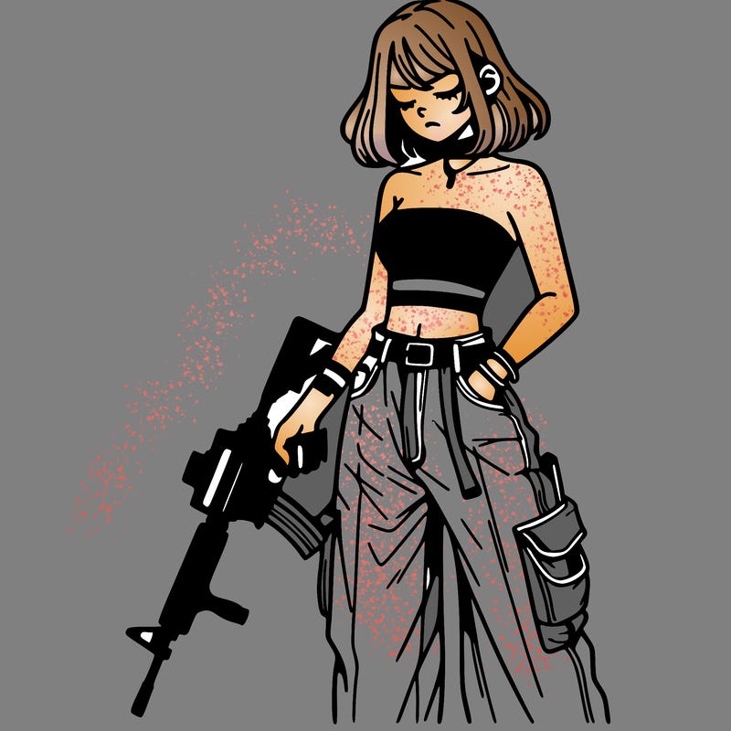 a dangerous girlcrop top and baggy jeans with a rifle in her hand