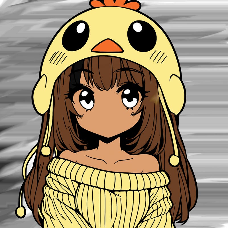 anime girl with chick shaped hat with sweater with bare shoulders with bangs covering them one eye with low tail