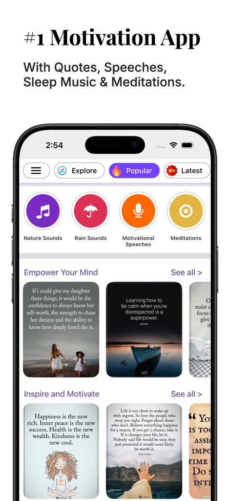 Interface de l'application Motivational Quotes Daily avec des sections pour les discours, la musique de sommeil et les citations inspirantes.